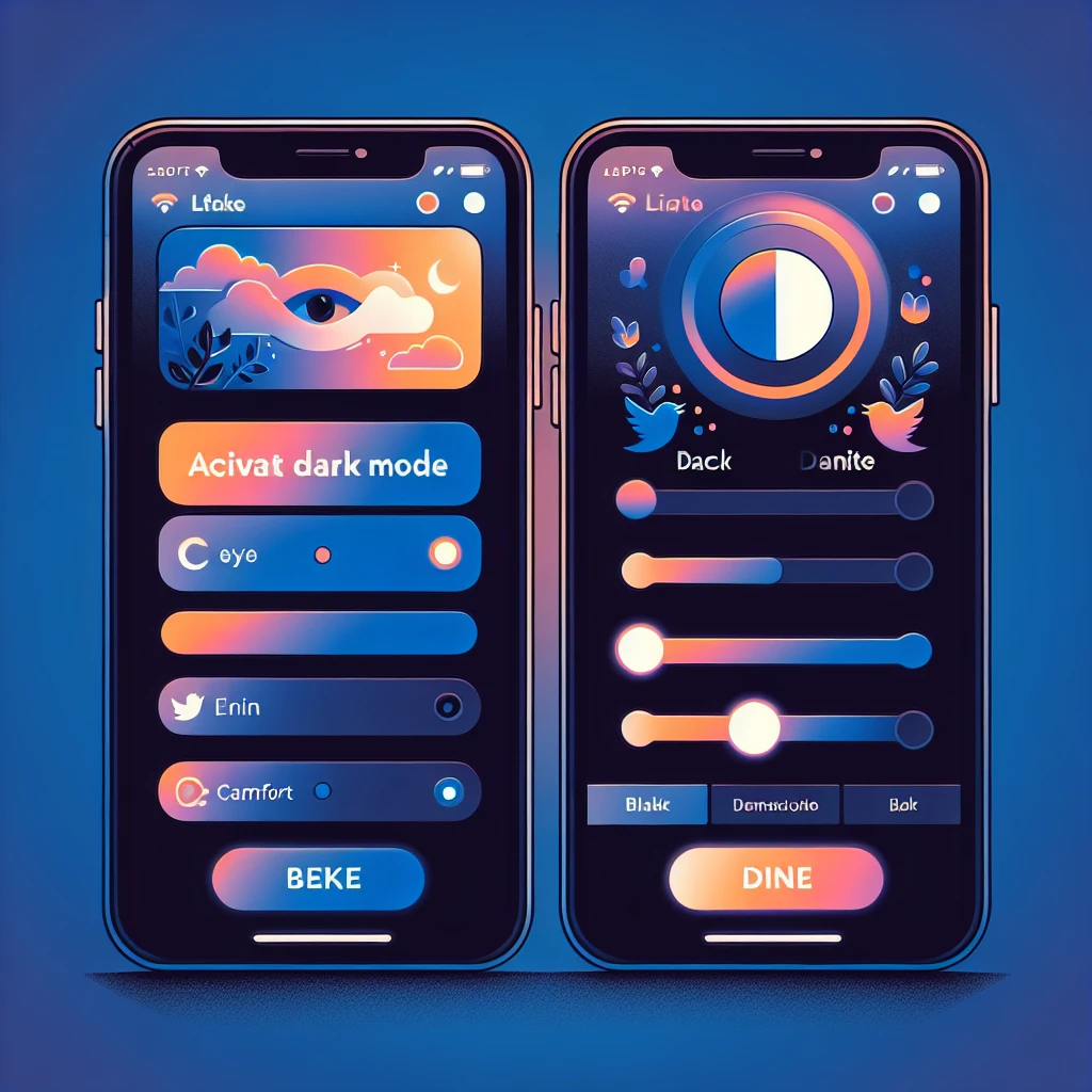 "Ilustrasi cara mengaktifkan mode gelap di media sosial untuk kenyamanan mata, menampilkan langkah-langkah visual yang jelas dan ikon pengaturan."