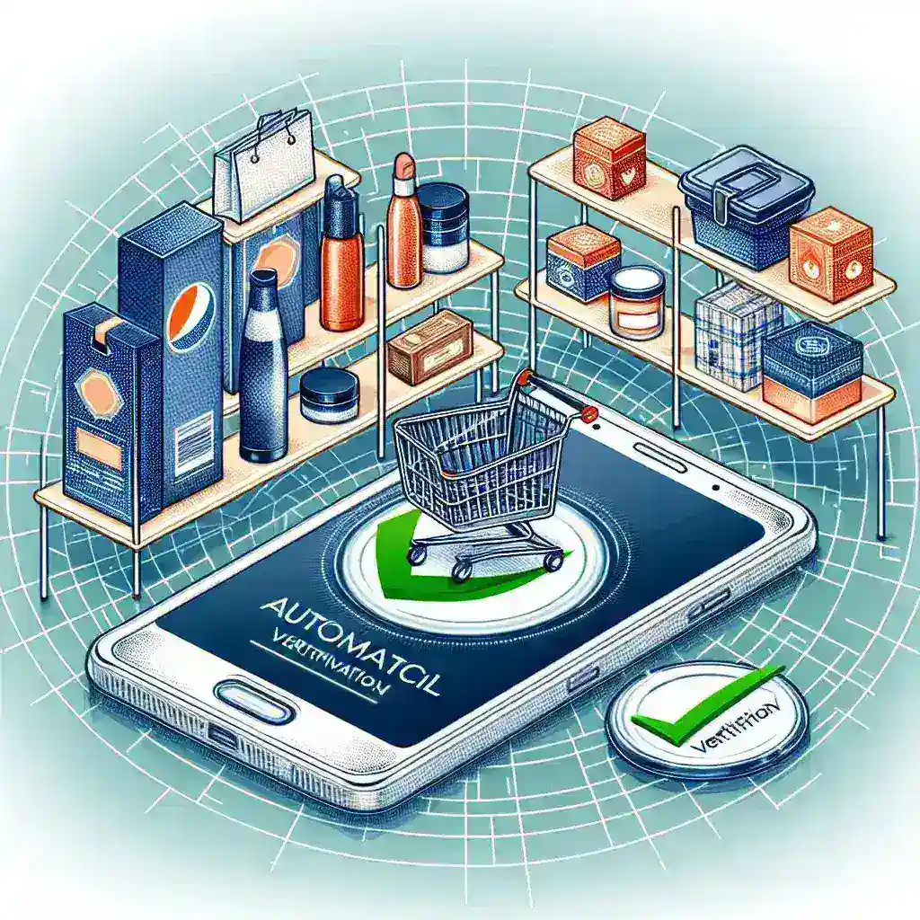 "Ilustrasi platform e-commerce inovatif untuk produk halal dengan sistem verifikasi otomatis, menampilkan pengguna berbelanja dengan aman dan mudah."