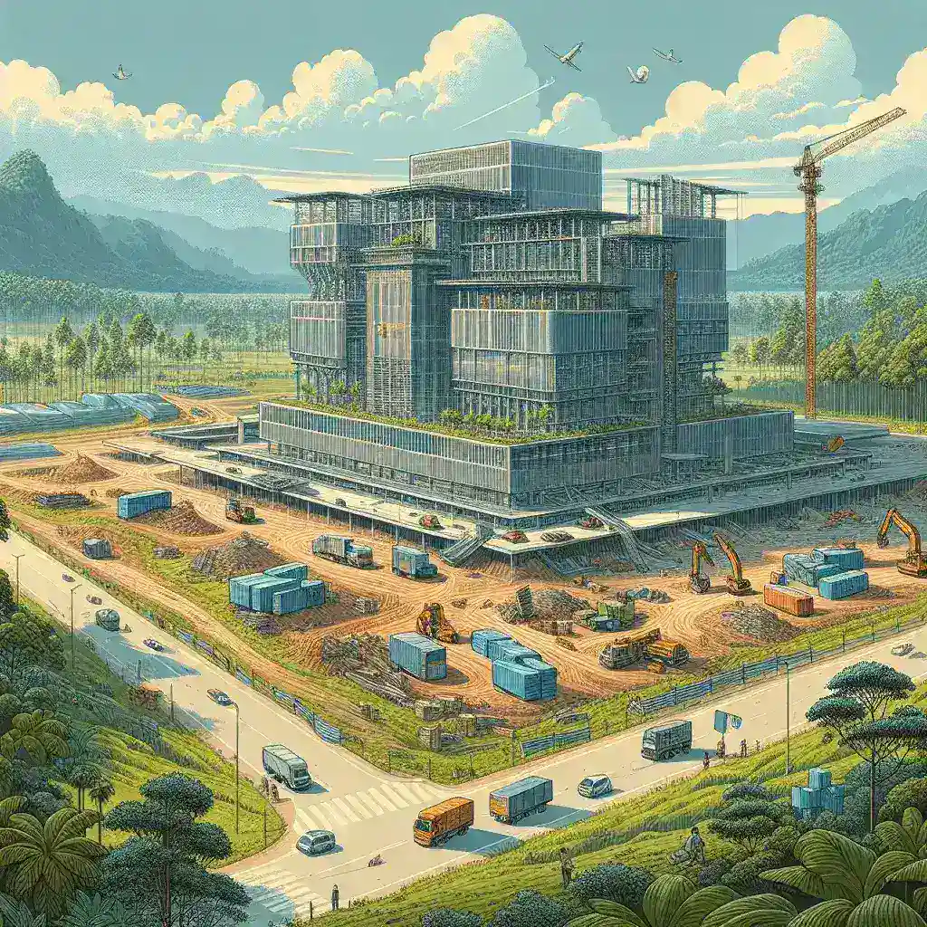 "Proyek konstruksi Pusat AI di Papua menunjukkan kemunduran, dengan pekerja dan alat berat terlihat di lokasi yang sedang dalam tahap penyelesaian."