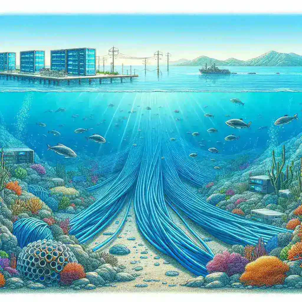 "Ilustrasi jaringan konektivitas bawah laut yang mendukung ketahanan internet nasional, menunjukkan kabel serat optik dan infrastruktur laut yang vital untuk meningkatkan konektivitas digital di Indonesia."