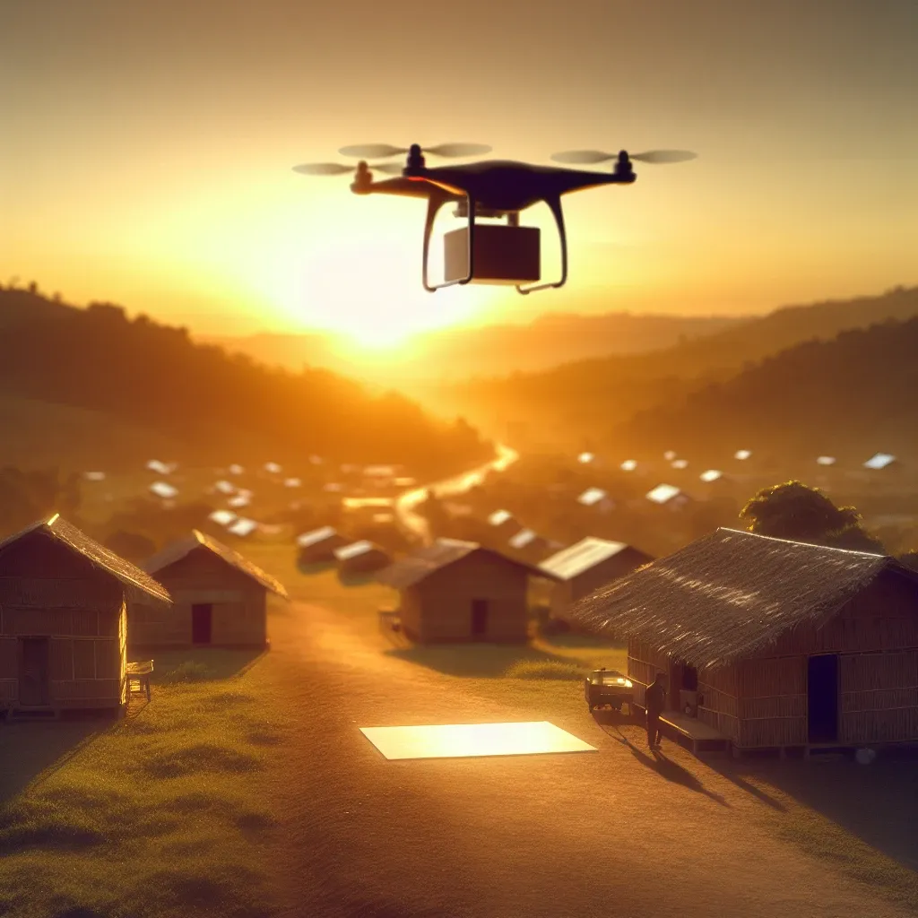 "Drone pengiriman medis dari Startup Logistik Lokal terbang di atas daerah terpencil, menunjukkan inovasi teknologi untuk meningkatkan akses kesehatan di lokasi sulit dijangkau."