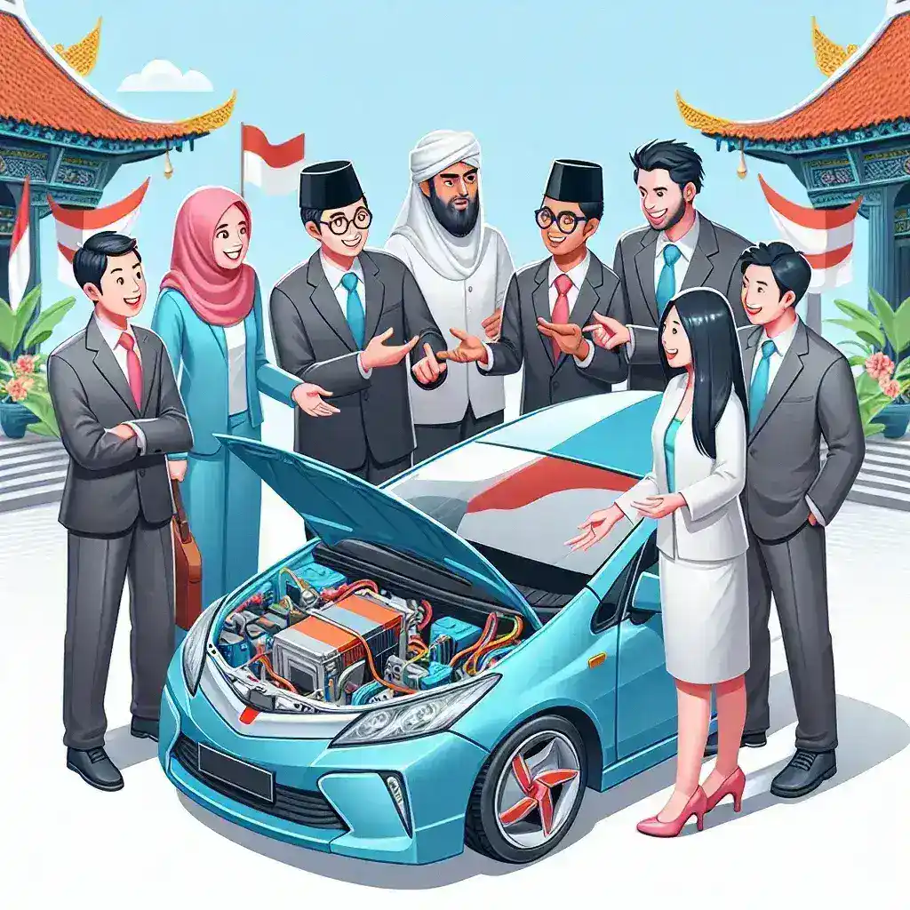 "Pengembangan standar keamanan kendaraan listrik di Indonesia: ilustrasi kendaraan listrik modern dengan simbol keamanan, menekankan inisiatif pemerintah dalam meningkatkan keselamatan dan standar industri otomotif nasional."